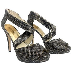 Michael Michael Kors 8 Evie Cheetah Black Glitter Platform Sandals Holiday